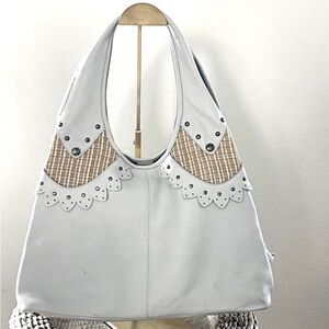 KATE LANDRY White Leather Hobo Shoulder Bag With Tan Tweed Accent 8 Pockets Chic
